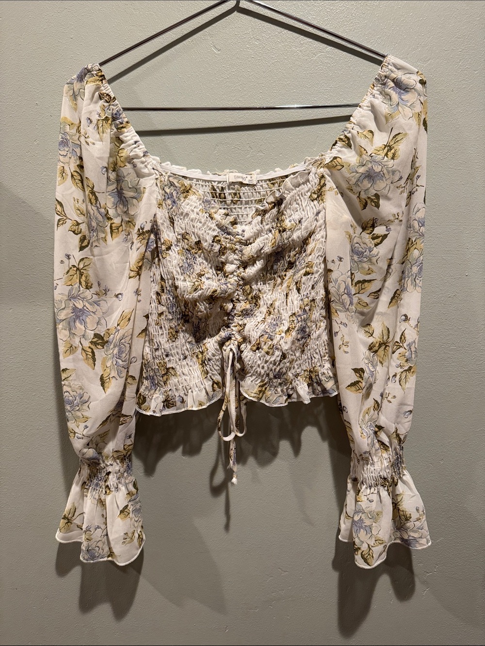 Timing Floral Sheer Shirred Peasant Long Sleeve Top Light Cream with Blue Floral